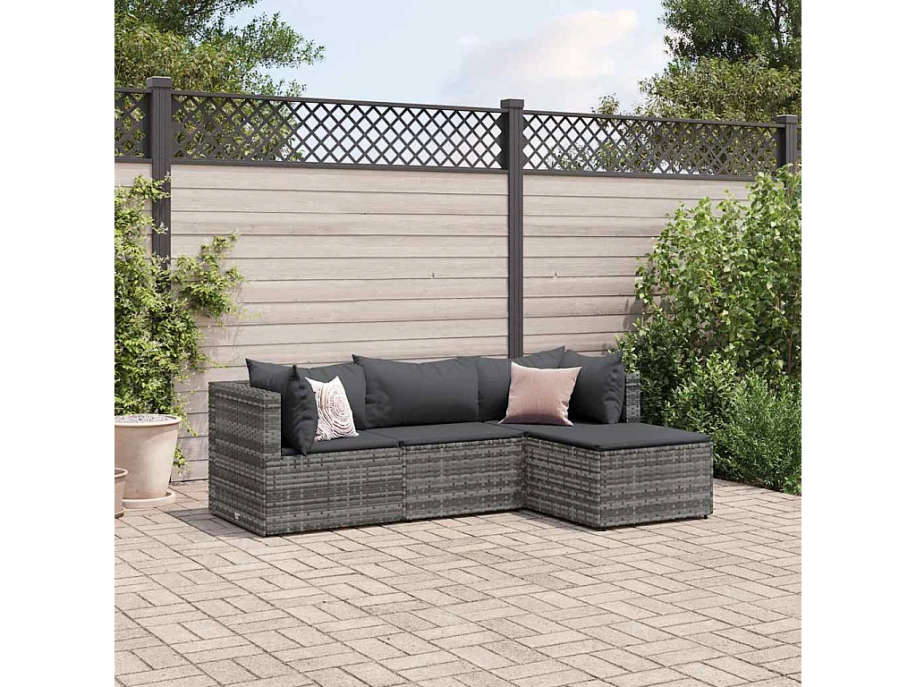 4 peças conjunto lounge de jardim com almofadões vime PE cinzento