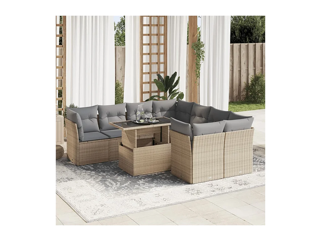 Salon de jardin avec coussins 9 pièces beige résine tressée