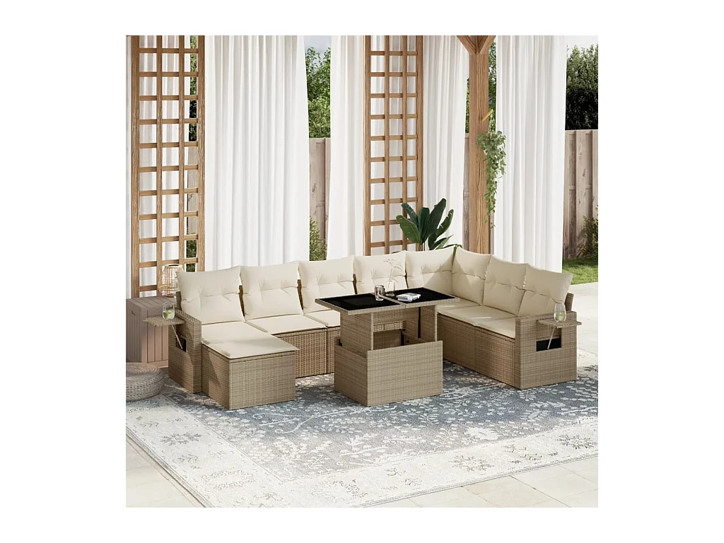 Salon de jardin avec coussins 9 pièces beige résine tressée