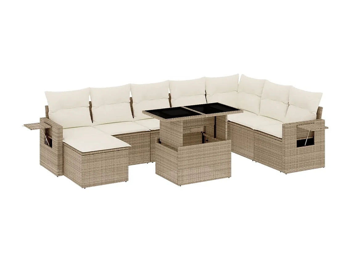 Salon de jardin avec coussins 9 pièces beige résine tressée