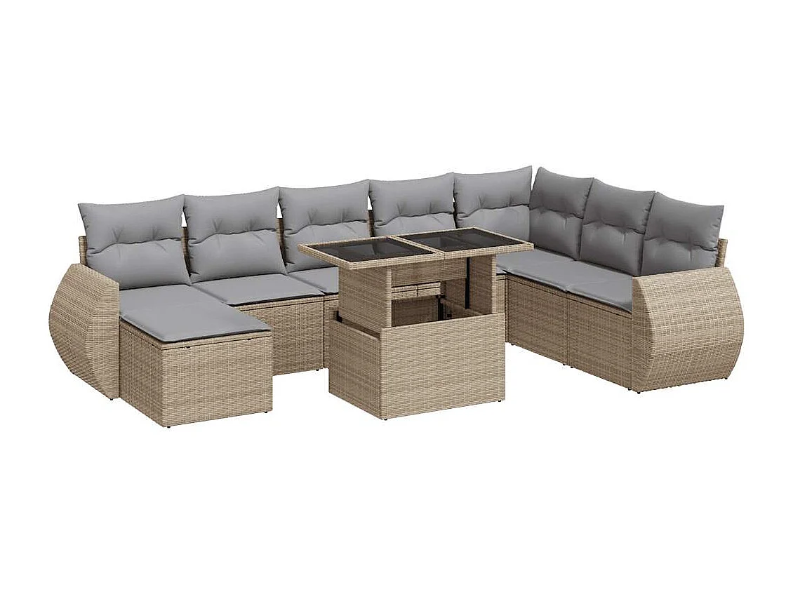 Set de sofás de jardín con cojines 9 piezas ratán sintético beige