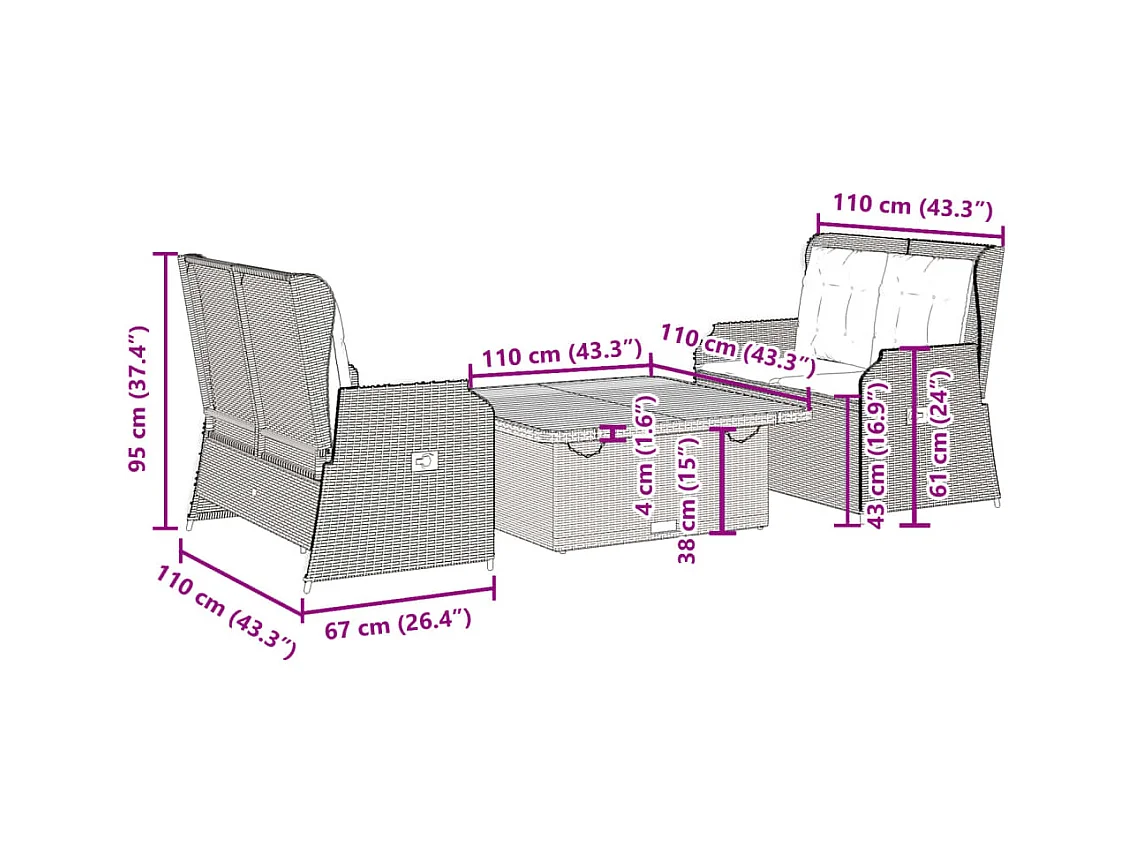 Salon de jardin 3 pièces avec coussins Noir Résine tressée
