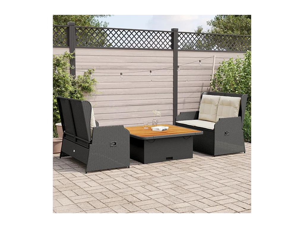 Salon de jardin 3 pièces avec coussins Noir Résine tressée