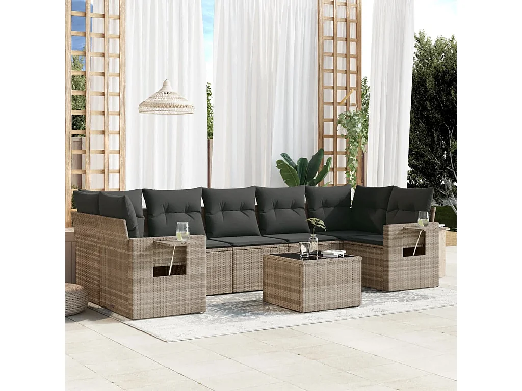 Set de sofás de jardín 8 piezas y cojines ratán sintético gris