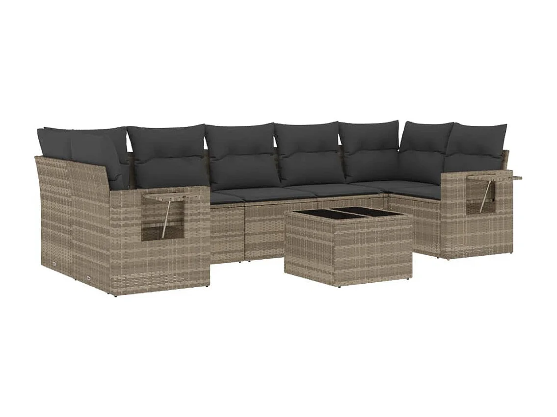 Set de sofás de jardín 8 piezas y cojines ratán sintético gris