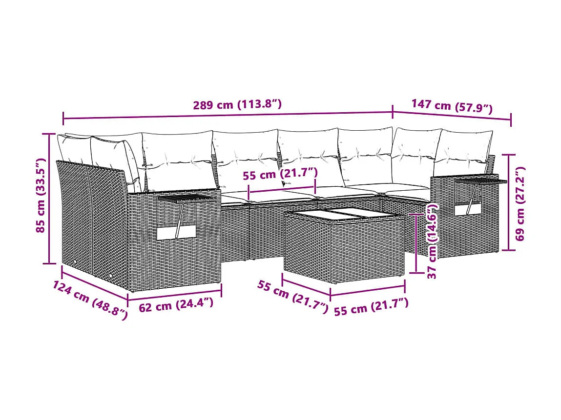 Set de sofás de jardín 8 piezas y cojines ratán sintético gris