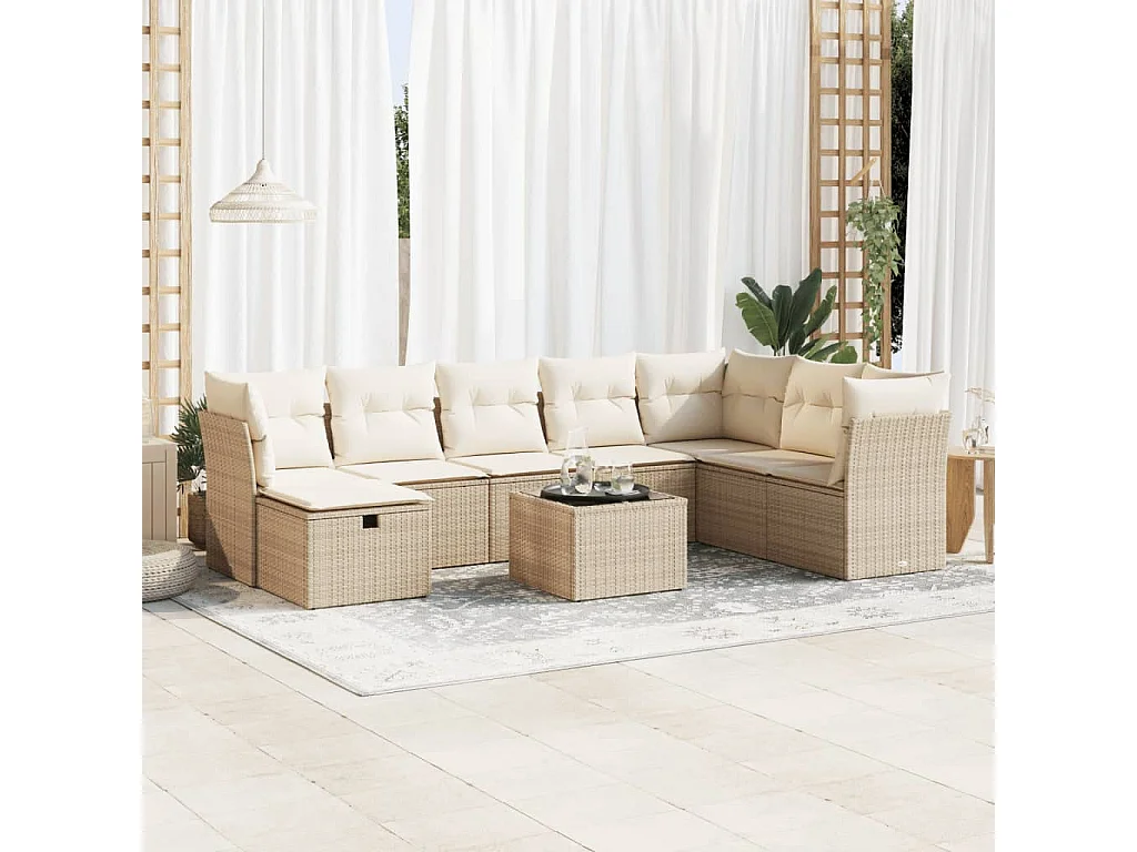 9-delige Loungeset met kussens poly rattan beige