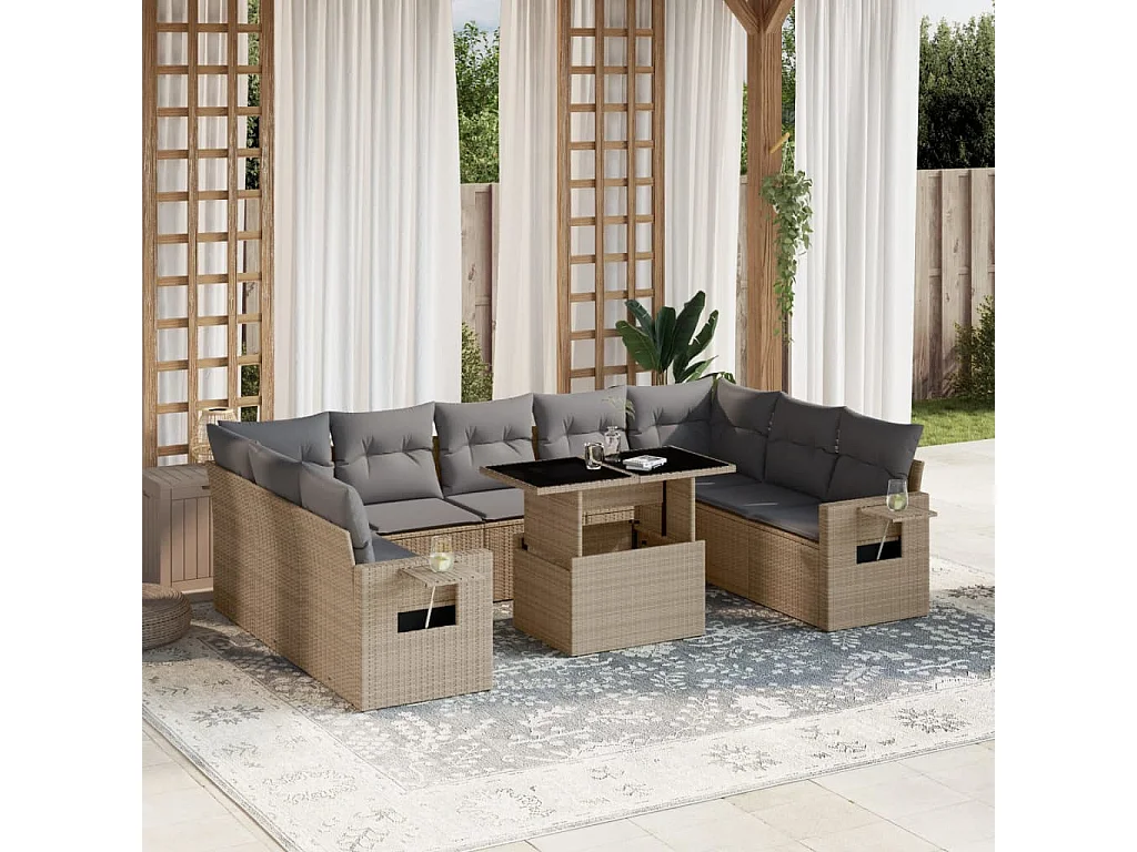 10-delige Loungeset met kussens poly rattan beige