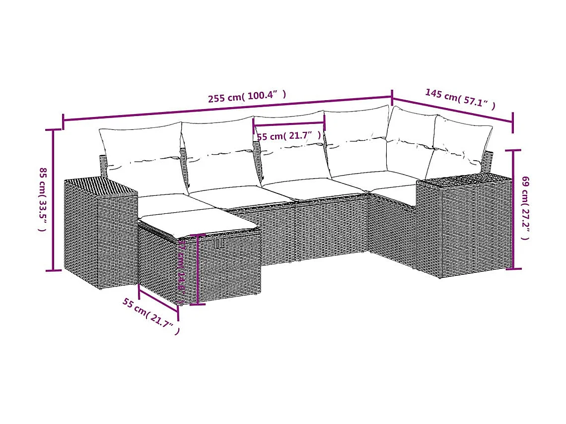 Set sofás de jardín 6 piezas y cojines ratán sintético marrón