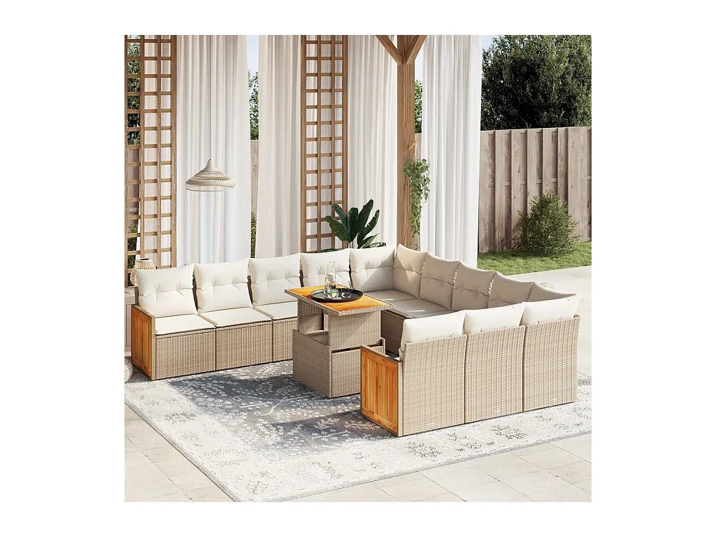 Salon de jardin 11 pièces avec coussins beige résine tressée