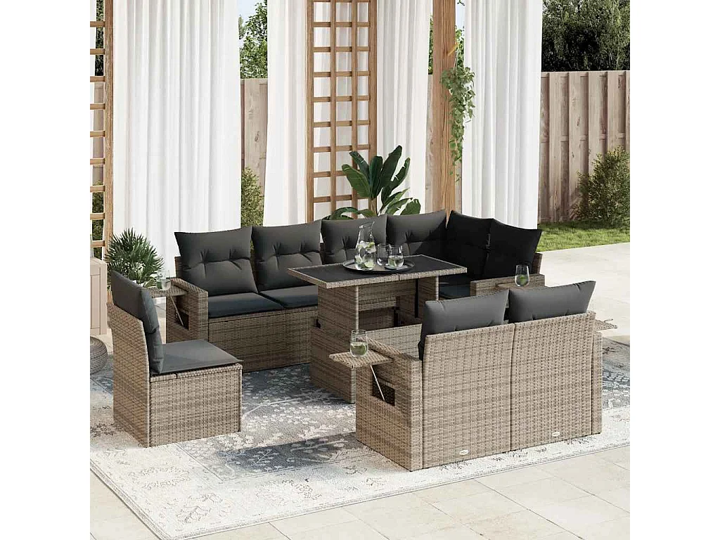 9-delige Loungeset met kussens poly rattan grijs