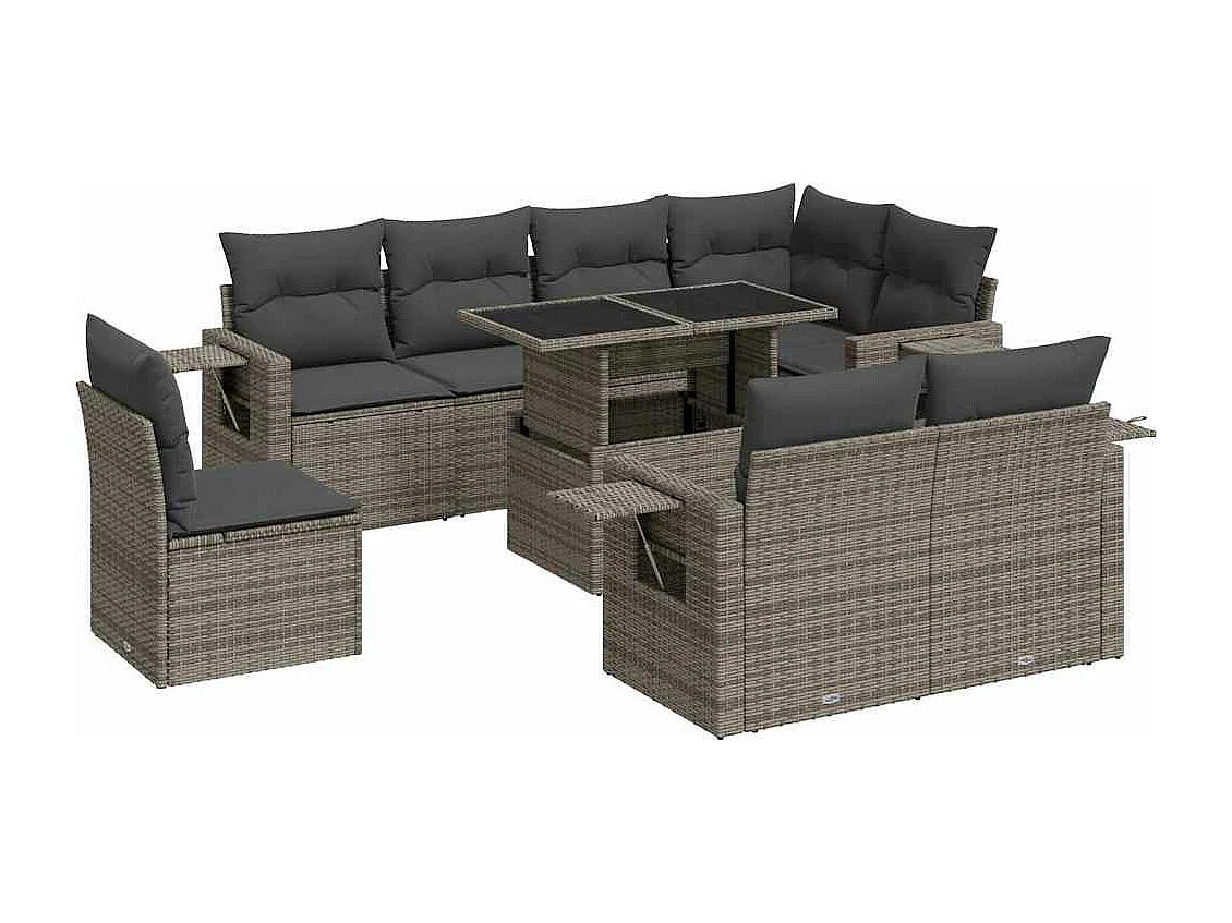 9-delige Loungeset met kussens poly rattan grijs