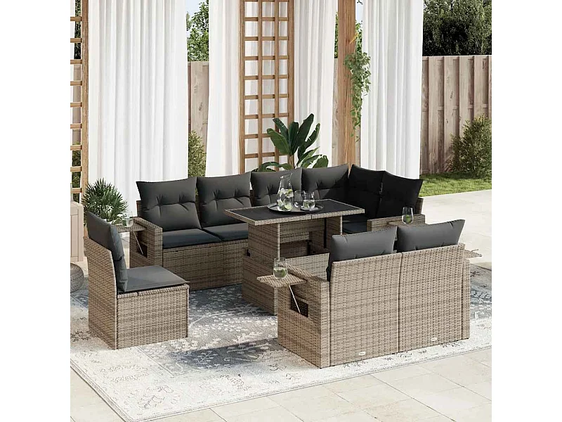 9-delige Loungeset met kussens poly rattan grijs