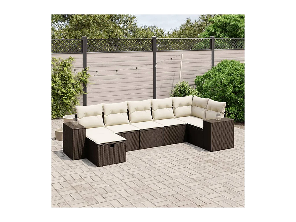 7-delige Loungeset met kussens poly rattan bruin