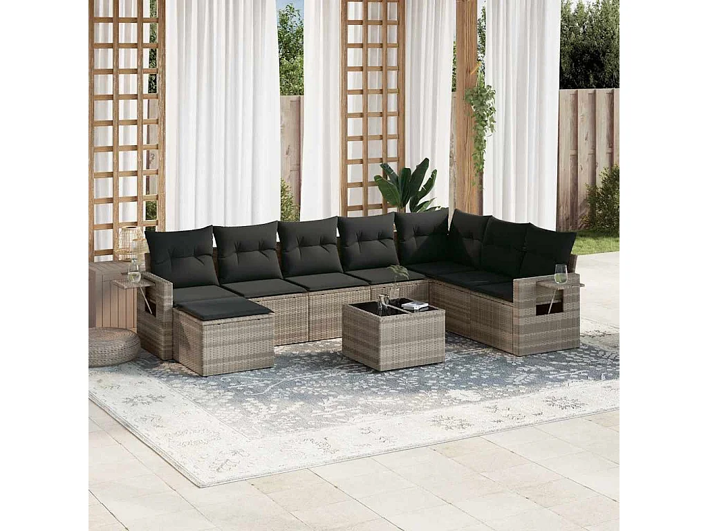 Salon de jardin 9 pièces avec coussins gris clair résine tressée