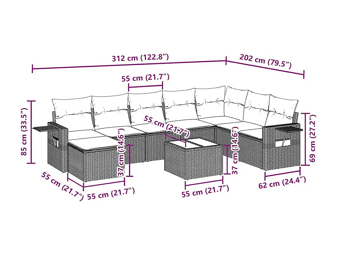 Salon de jardin 9 pièces avec coussins gris clair résine tressée