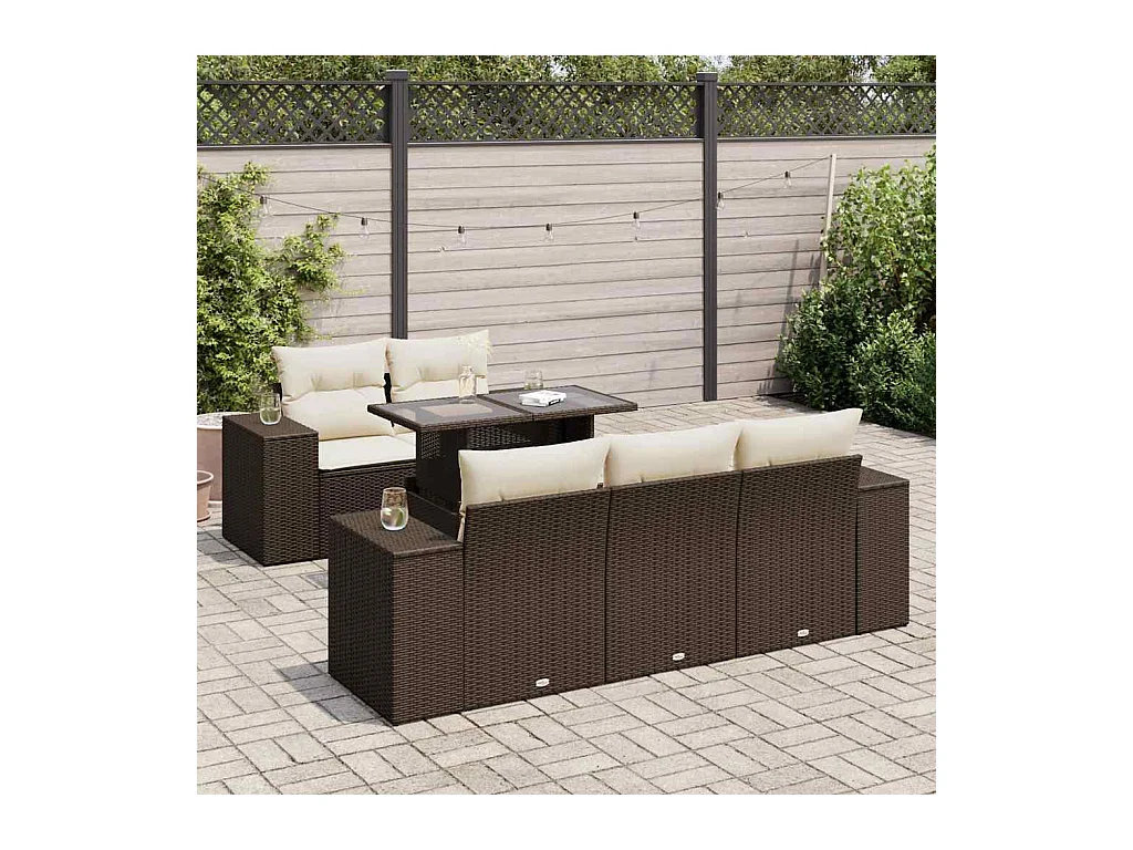 6-delige Loungeset met kussens poly rattan bruin