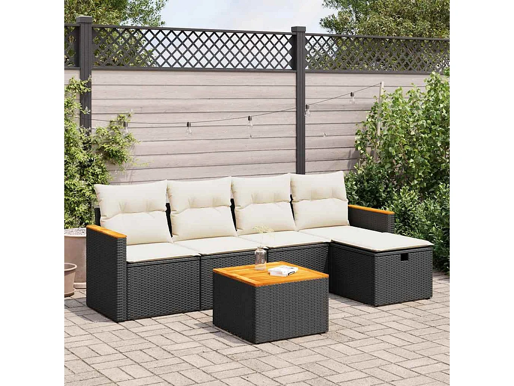 6-delige Loungeset met kussens poly rattan zwart