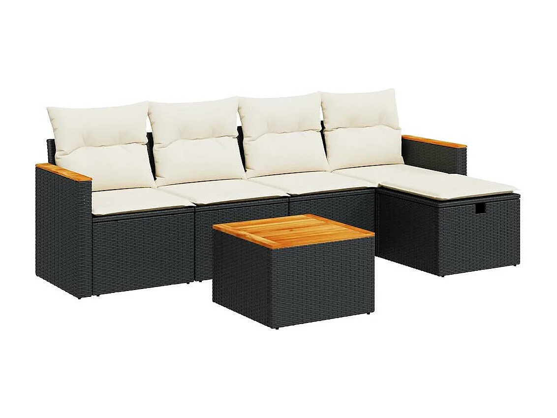 6-delige Loungeset met kussens poly rattan zwart