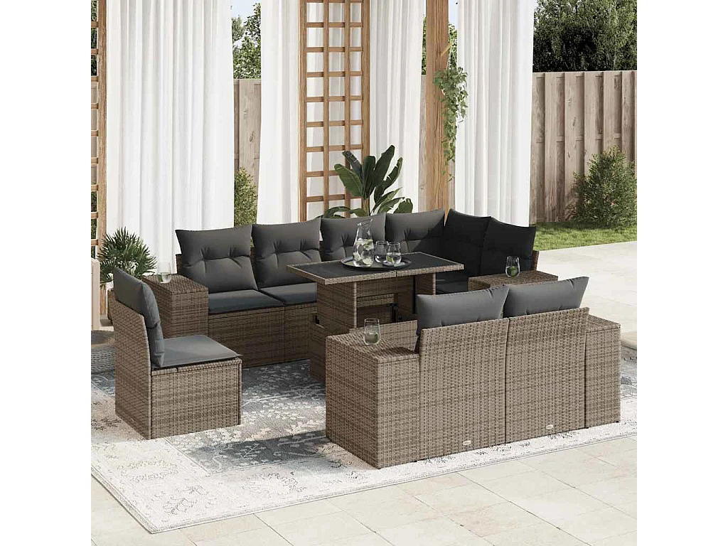 9-delige Loungeset met kussens poly rattan grijs