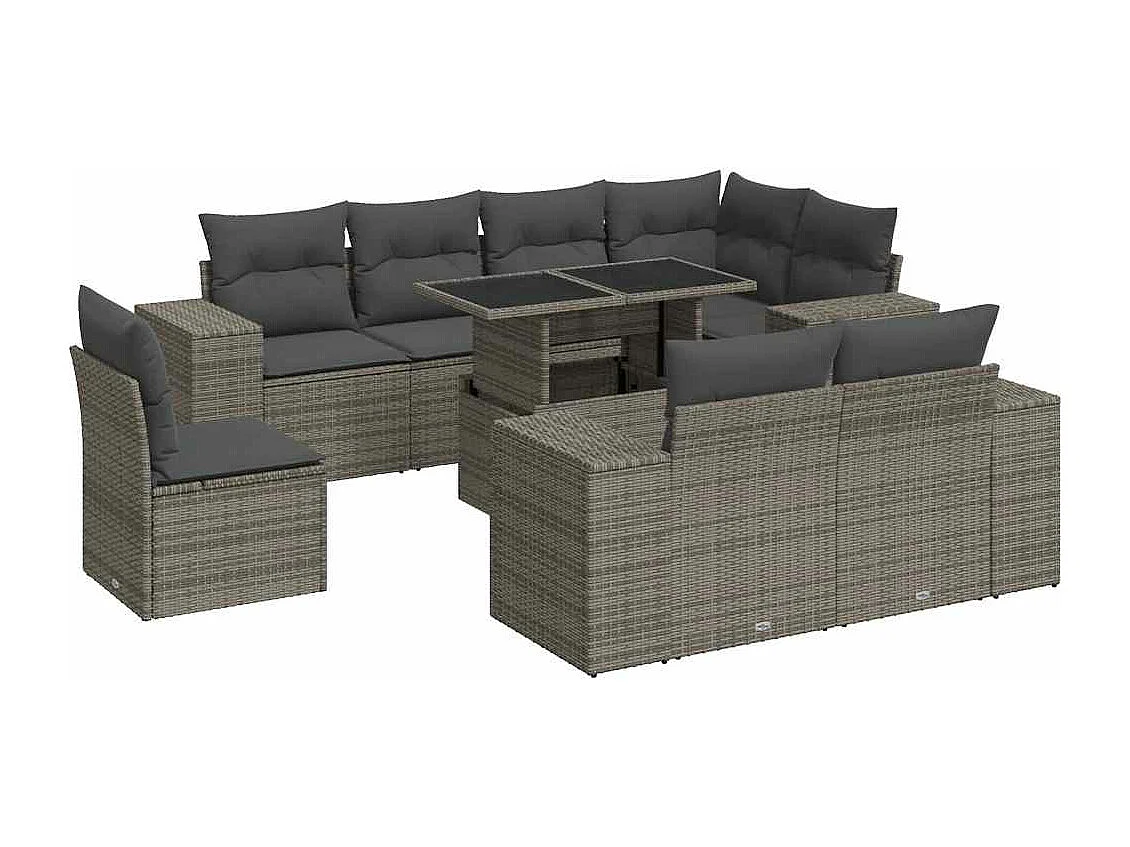 9-delige Loungeset met kussens poly rattan grijs