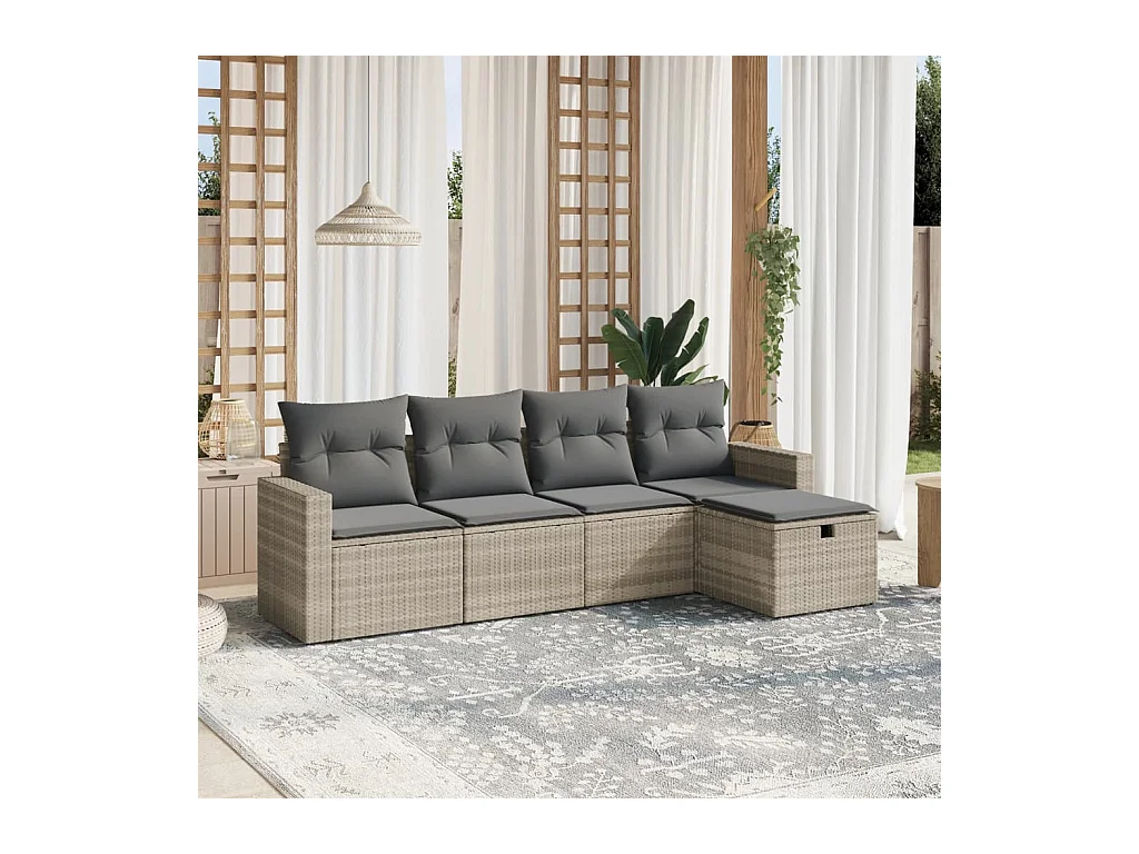 5-delige Loungeset met kussens poly rattan lichtgrijs