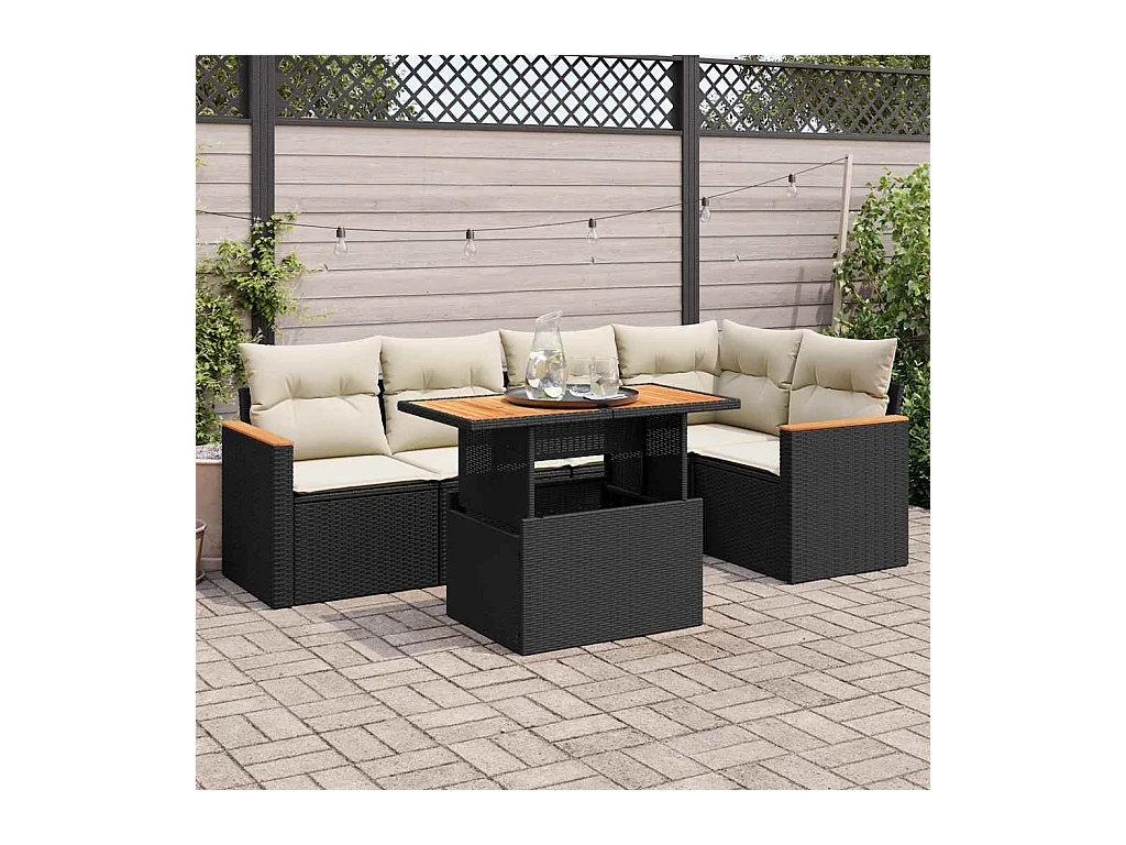 Salon de jardin 5 pièces avec coussins noir résine tressée acacia