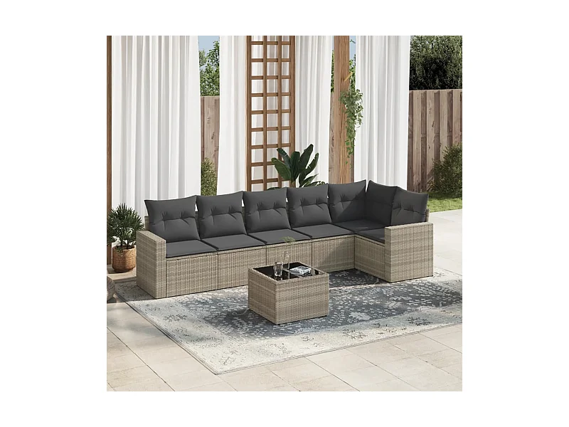Salon de jardin avec coussins 7 pièces gris clair résine tressée