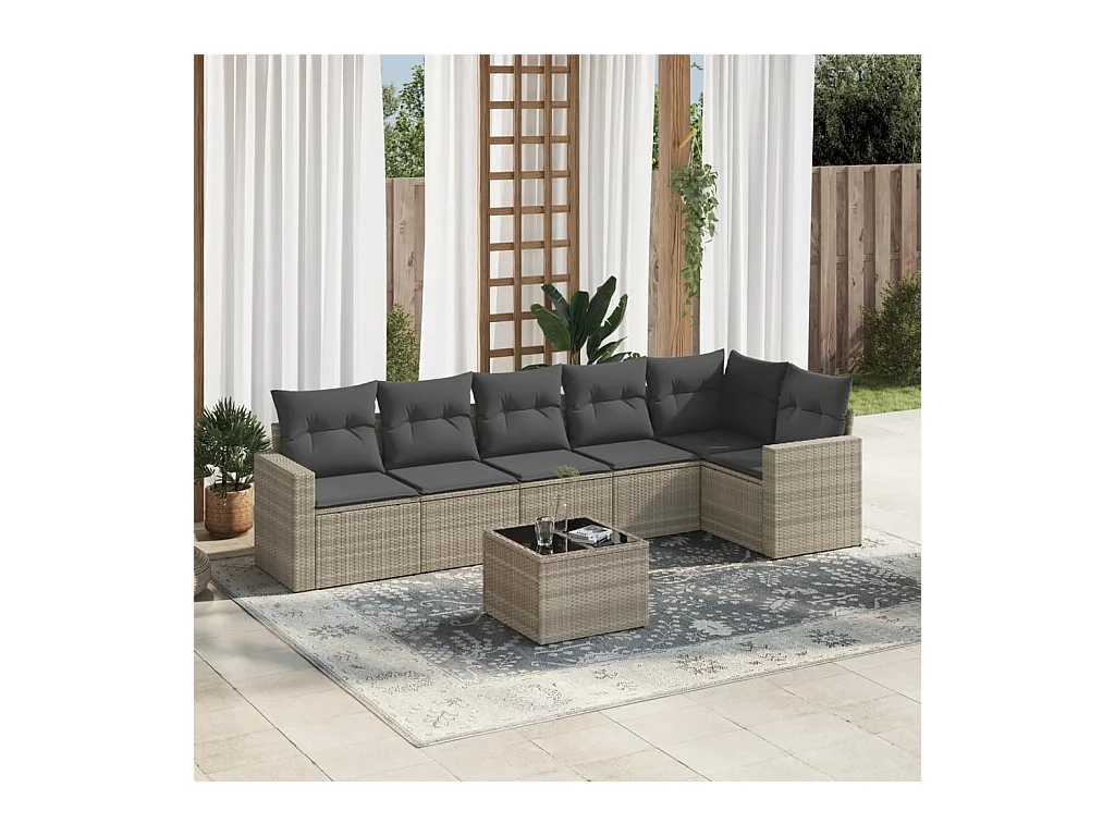 Salon de jardin avec coussins 7 pièces gris clair résine tressée