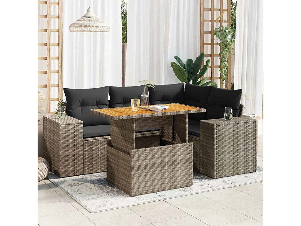 5-delige Loungeset met kussens poly rattan grijs