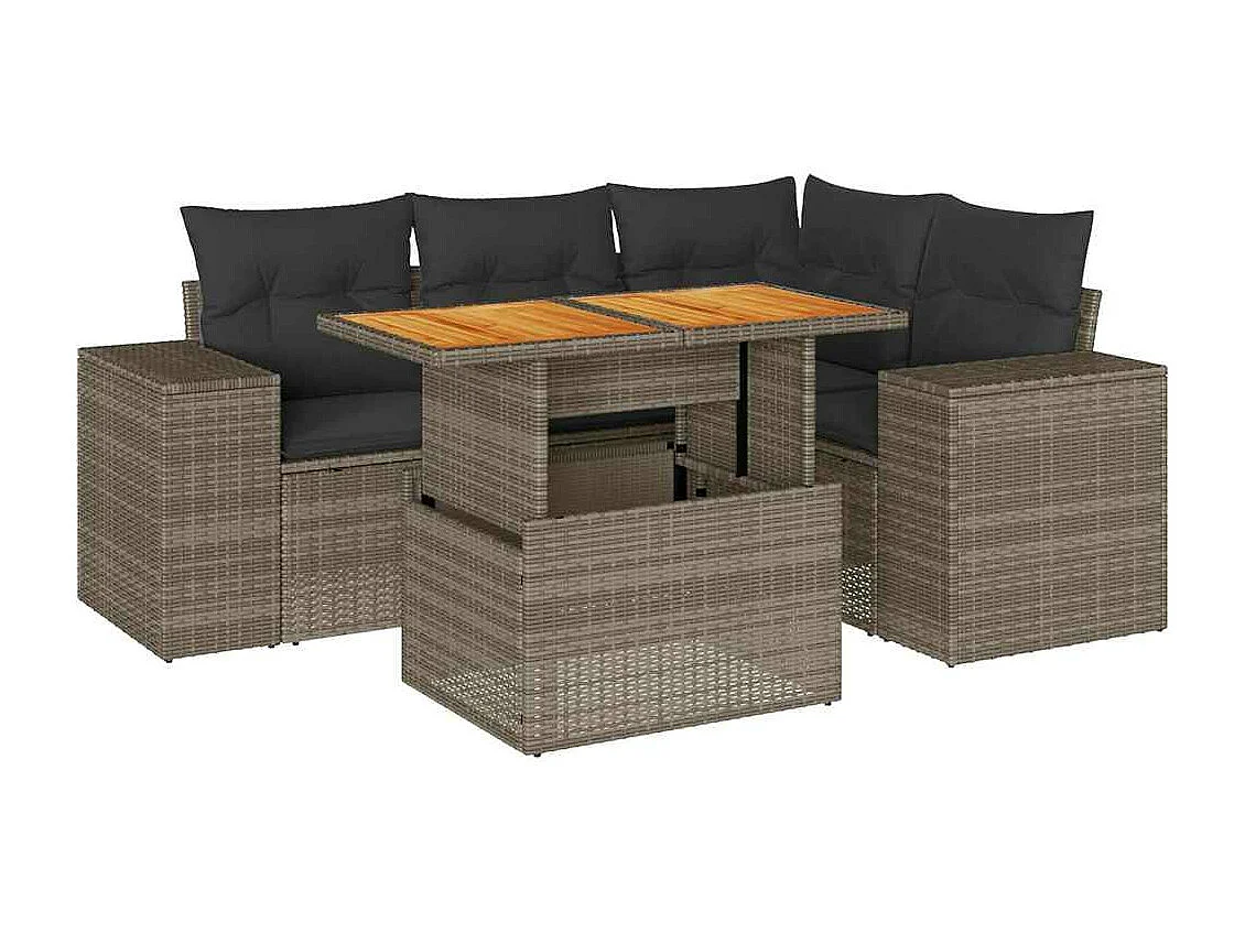 5-delige Loungeset met kussens poly rattan grijs
