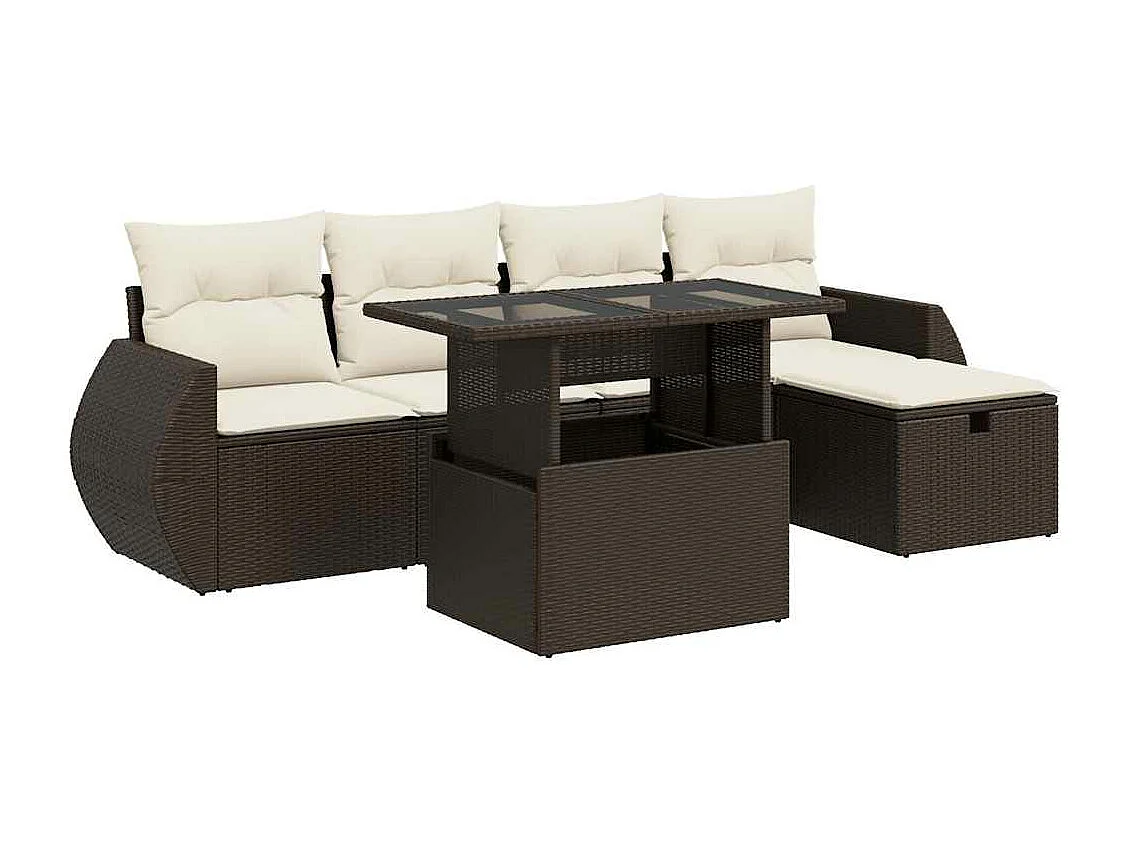 6-delige Loungeset met kussens poly rattan bruin