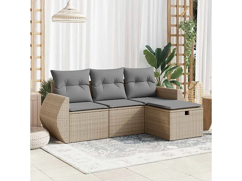 Salon de jardin avec coussins 4 pièces beige résine tressée