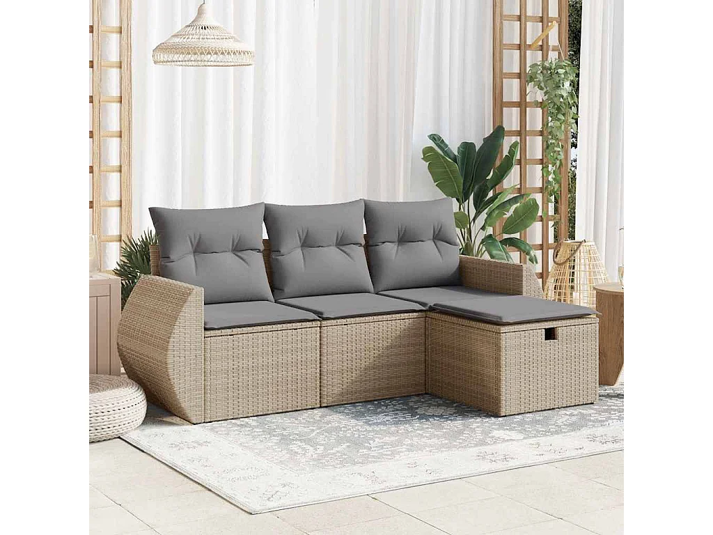 Salon de jardin avec coussins 4 pièces beige résine tressée