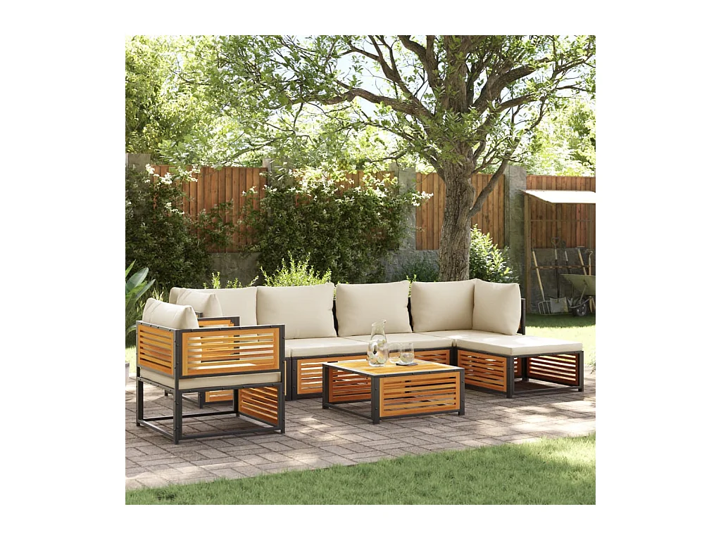 Salon de jardin avec coussins 7 pièces bois massif d'acacia