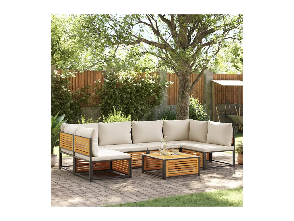 Salon de jardin avec coussins 7 pièces bois massif d'acacia