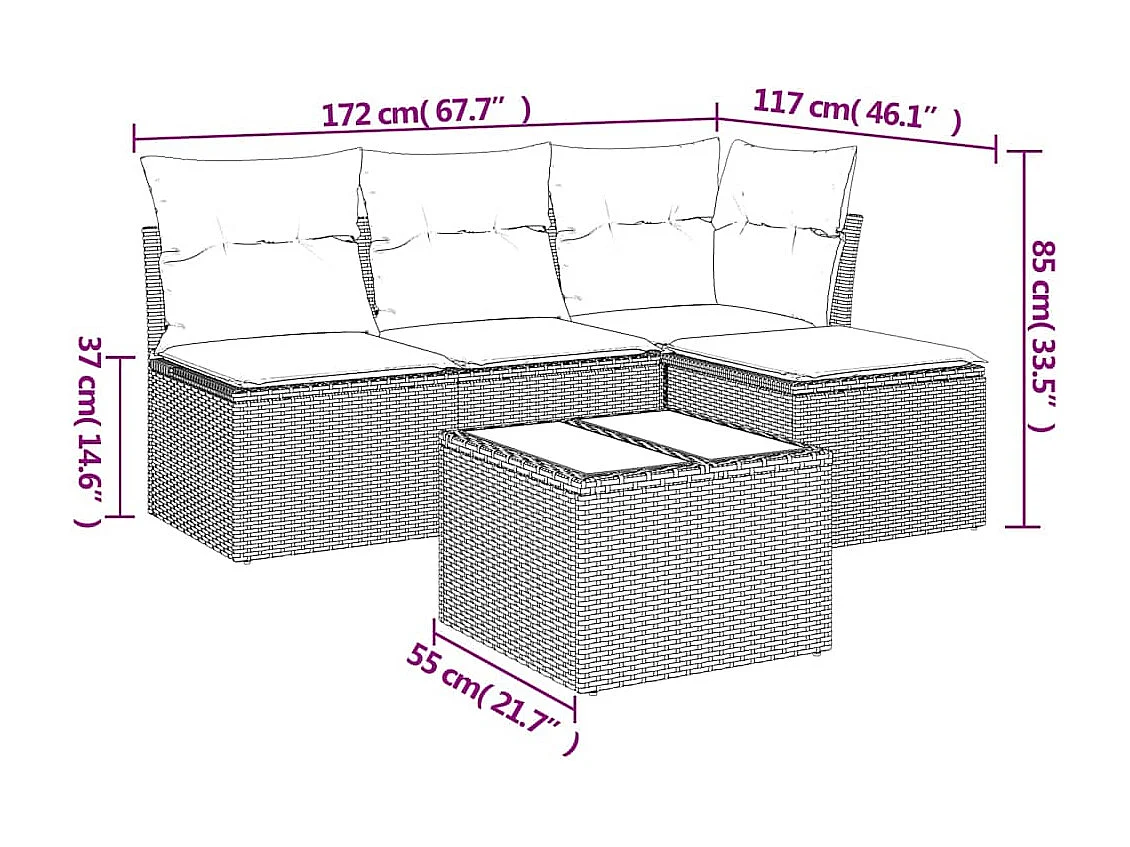 Salon de jardin 5 pièces avec coussins gris clair résine tressée