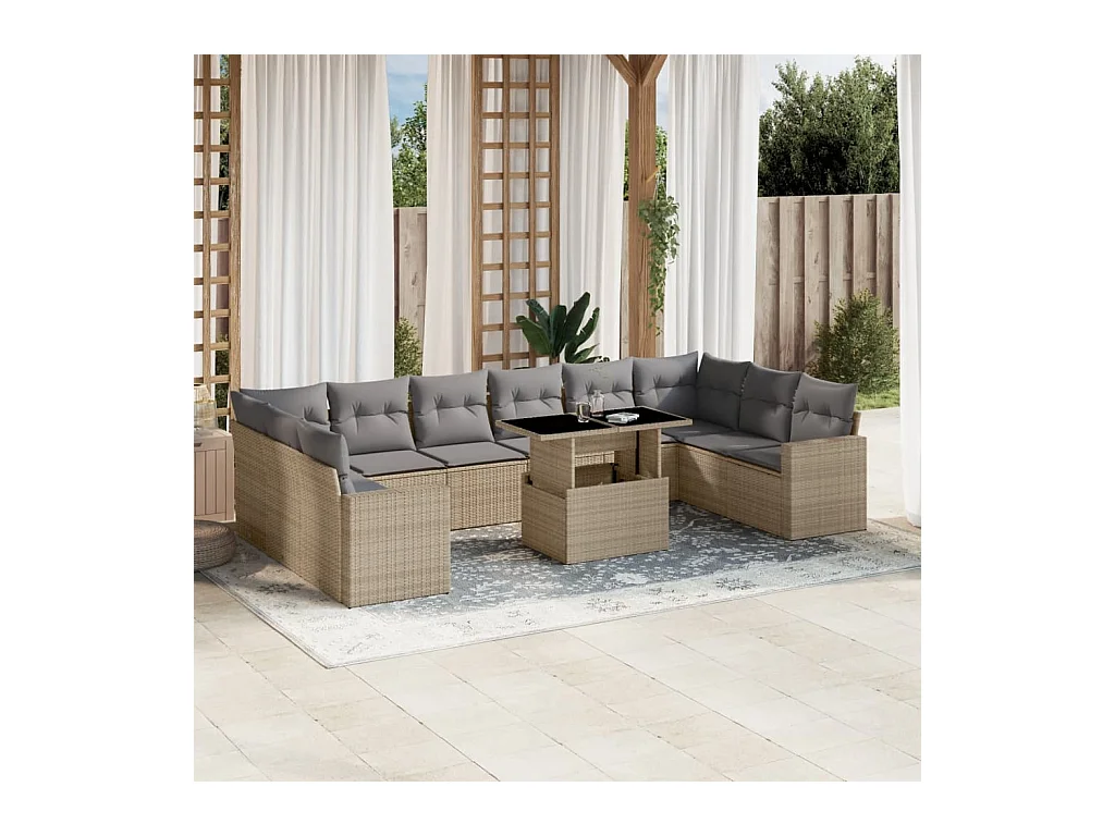 Salon de jardin 11 pièces avec coussins beige résine tressée