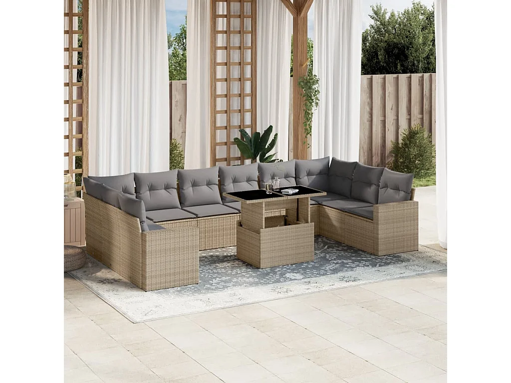 11-delige Tuinset met kussens poly rattan beige