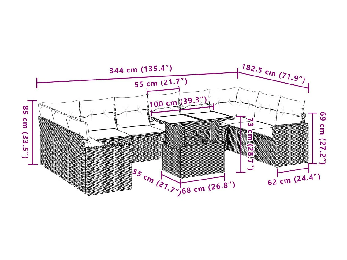 11-delige Tuinset met kussens poly rattan beige