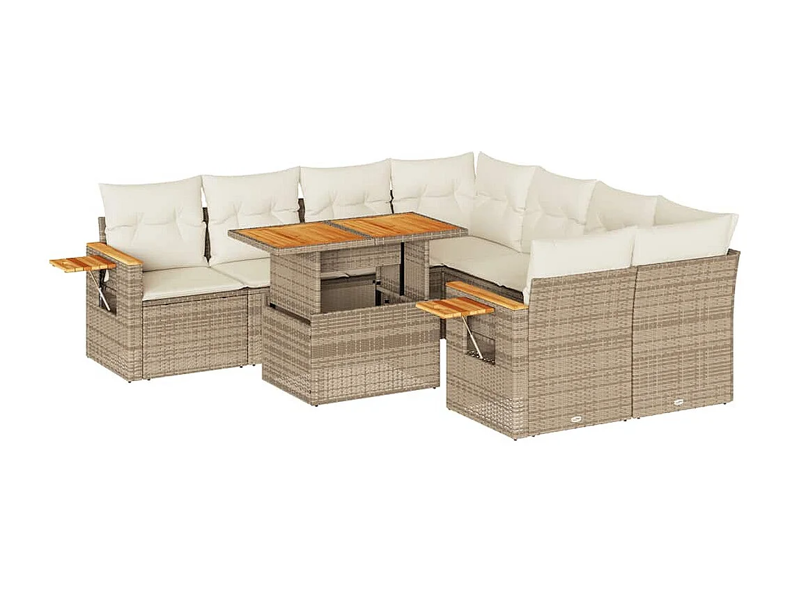 9 peças conjunto sofás jardim com almofadões vime PE/acácia bege