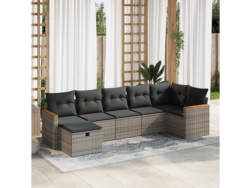 7 peças conjunto sofás para jardim com almofadões vime PE cinzento