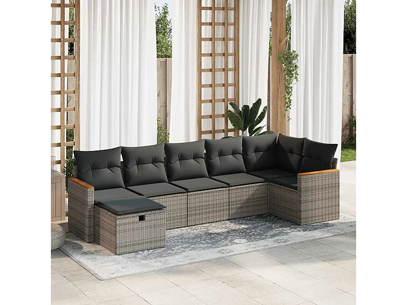 7 peças conjunto sofás para jardim com almofadões vime PE cinzento