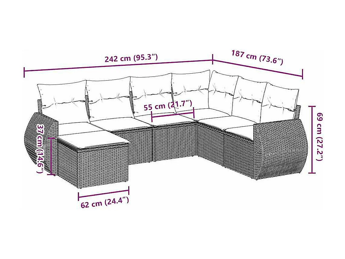 7-delige Loungeset met kussens poly rattan lichtgrijs
