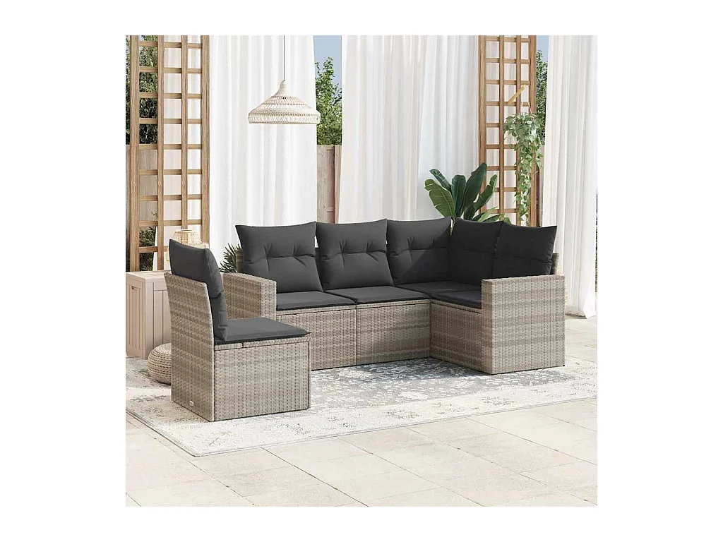 5-delige Loungeset met kussens poly rattan lichtgrijs