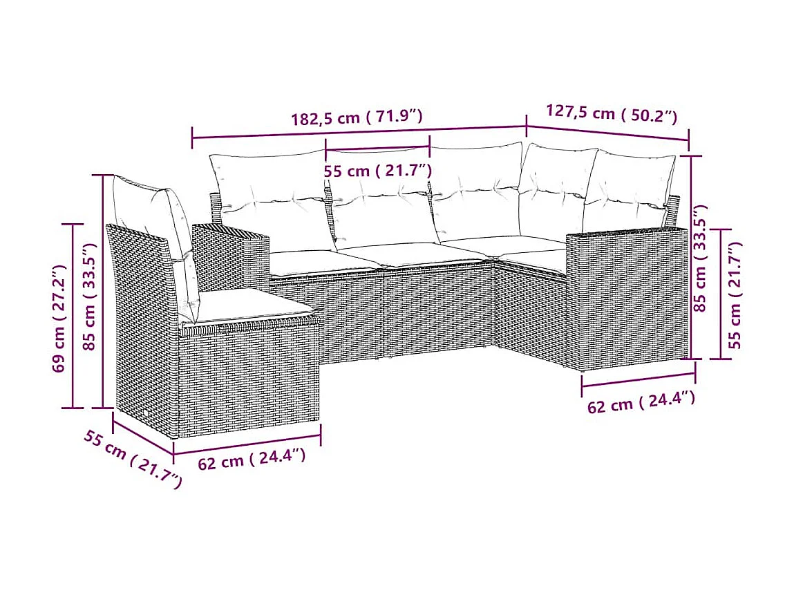 Salon de jardin 5 pièces avec coussins gris clair résine tressée