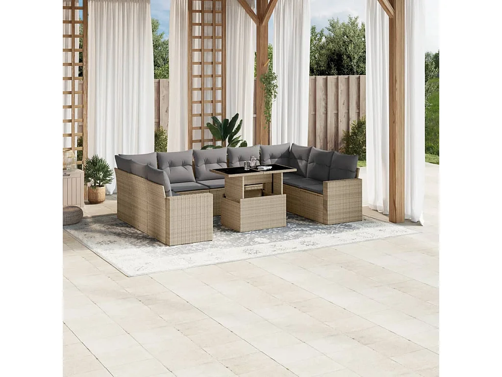 Salon de jardin avec coussins 10 pièces beige résine tressée