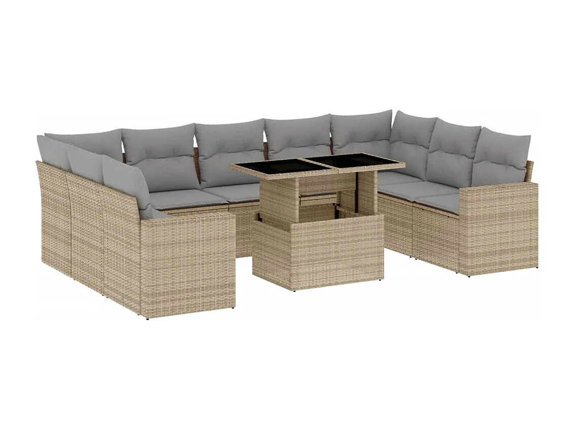 Salon de jardin avec coussins 10 pièces beige résine tressée