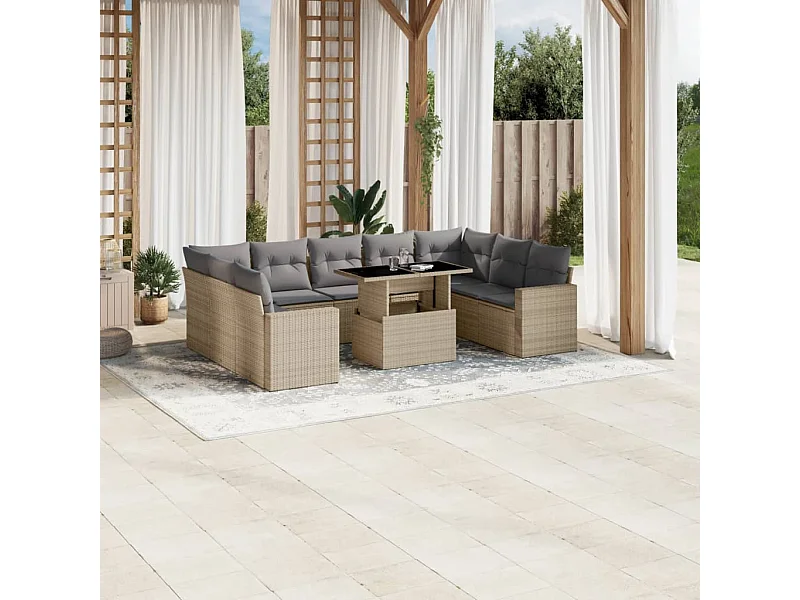 Salon de jardin avec coussins 10 pièces beige résine tressée