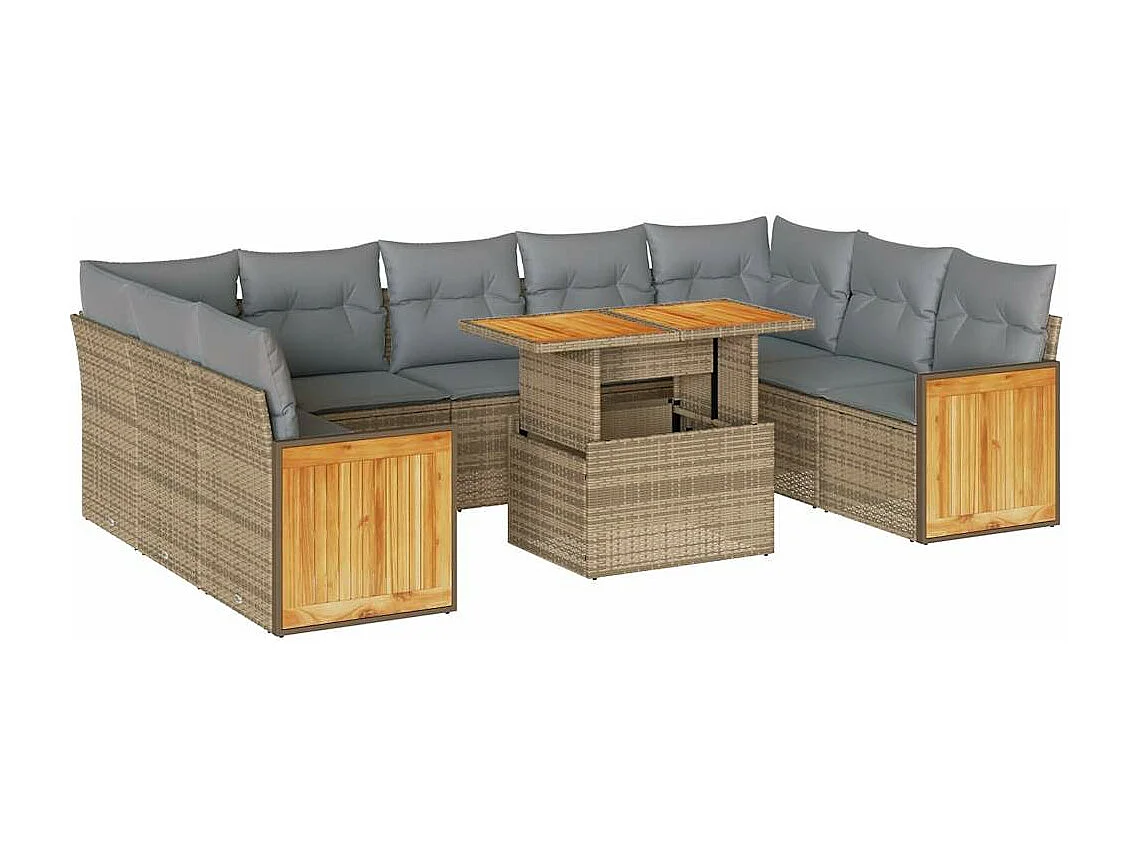 Salon de jardin avec coussins 10 pièces beige résine tressée acacia